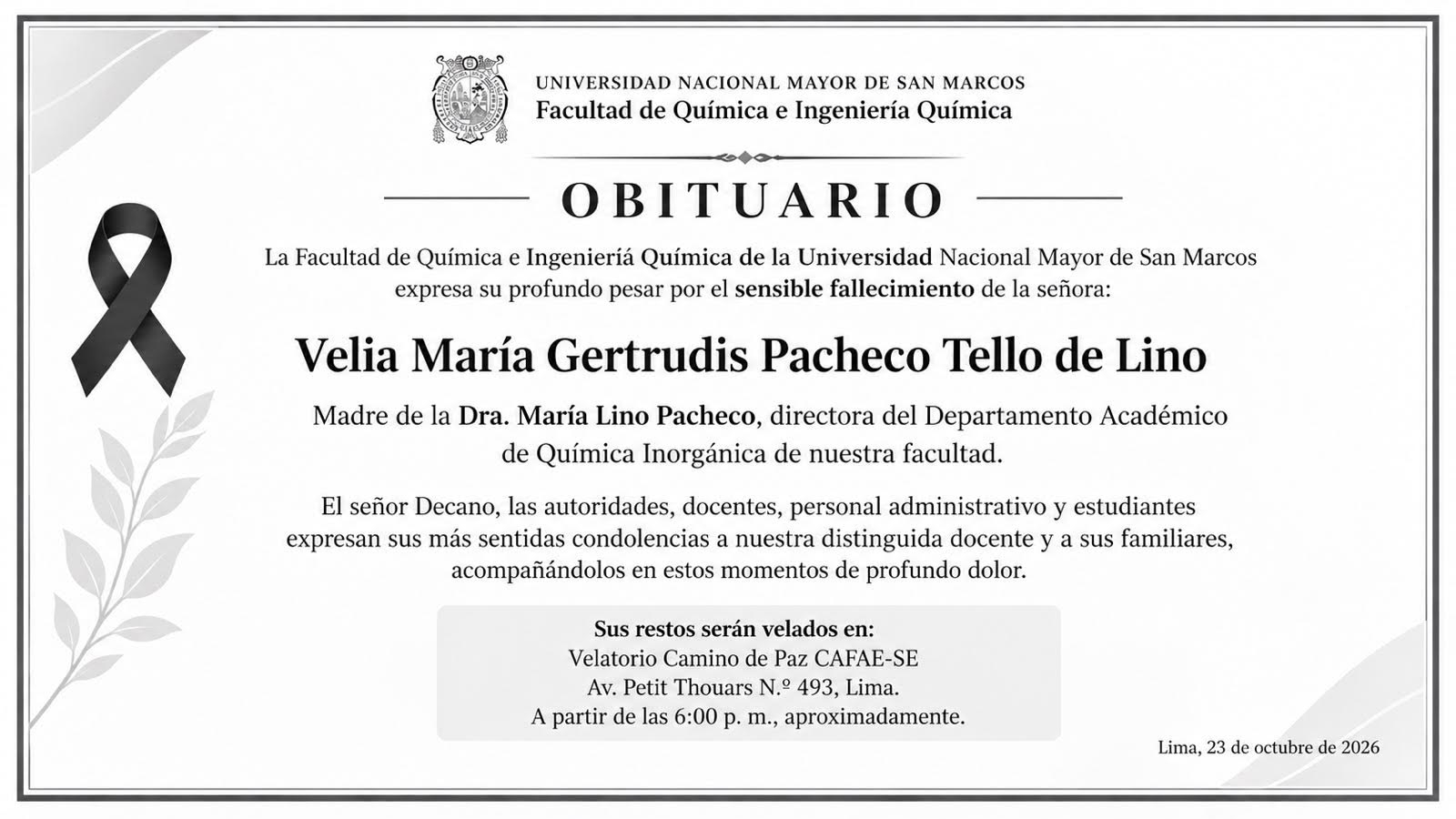 OBITUARIO: VELIA MARIA GERTRUDIS PACHECO TELLO DE LINO